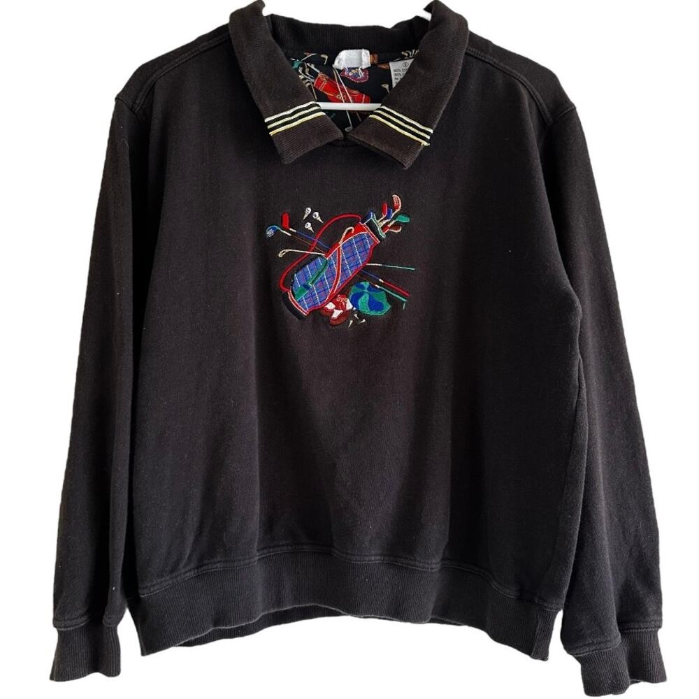 VTG Line Up Polo Sweatshirt 80s Embroidered Golf Logo 100% Cotton Black Small